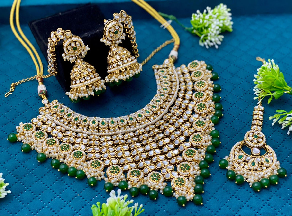 Heavy Dark Green Waterfall Necklace Set | Indian Bridal Jewelry