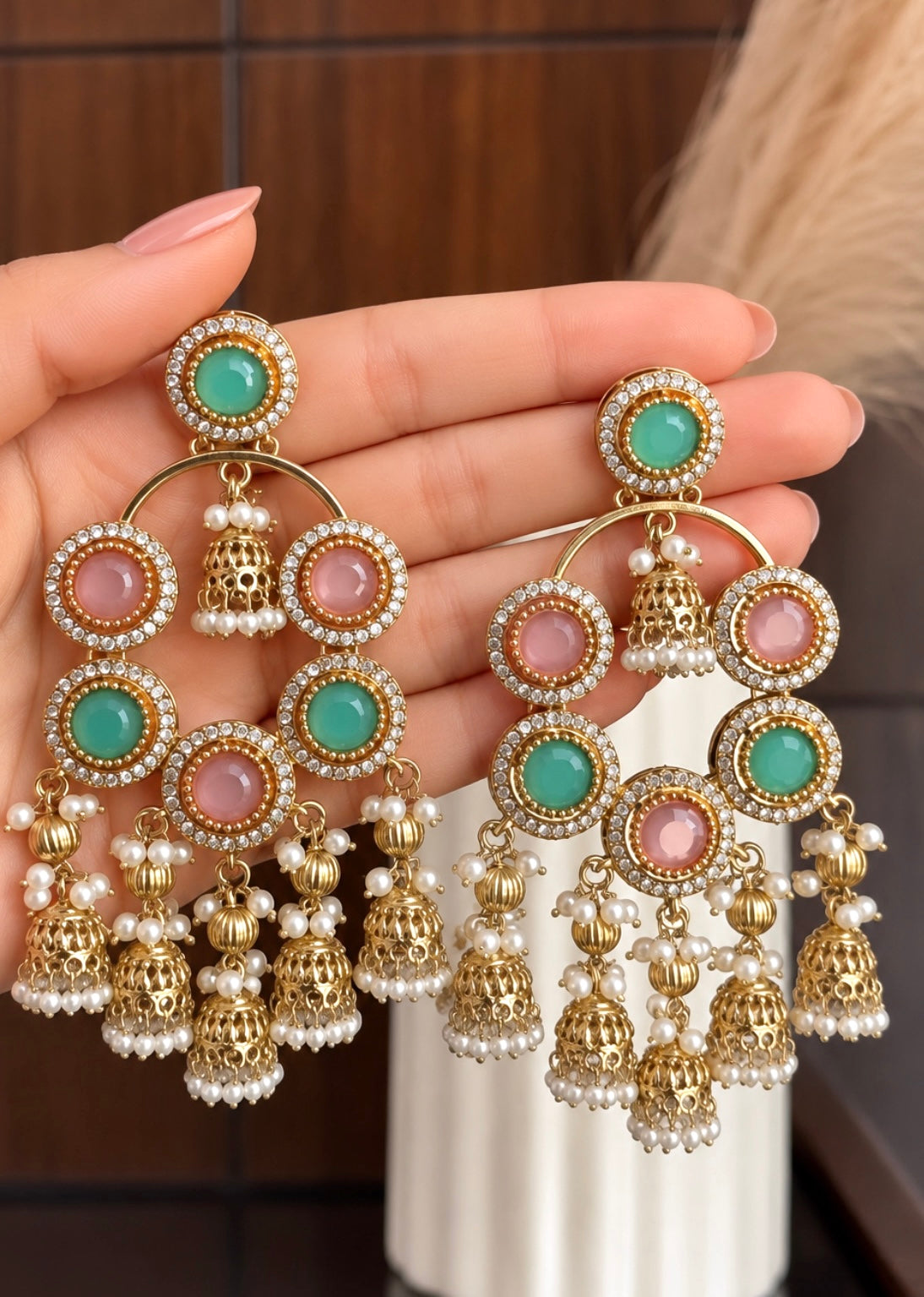 Divyanka Mint & Pink Statement Earrings