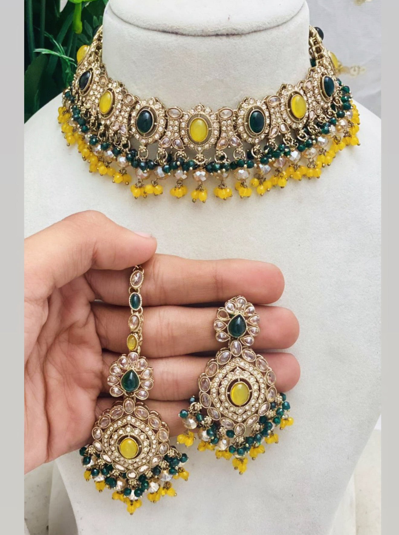 Yellow & Teal Blue Colored Necklace Set