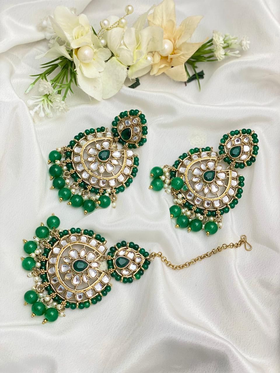 Green Colored Earrings & Tikka Set