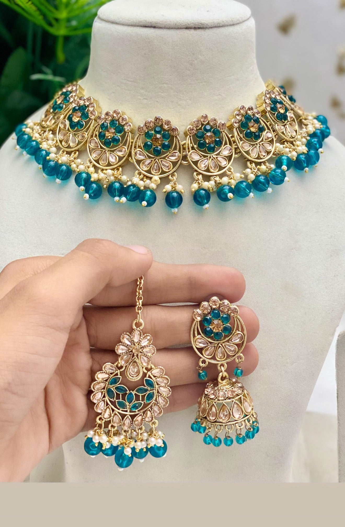 Teal Blue & Golden Colored Necklace Set