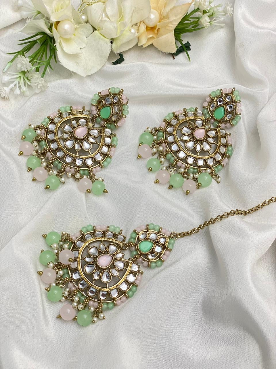Green & Pink Earrings And Tikka Set