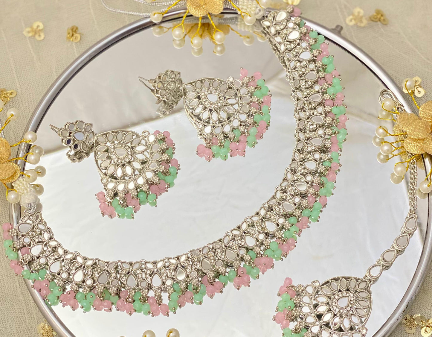 Mint & Pink Mirror Style Necklace Set