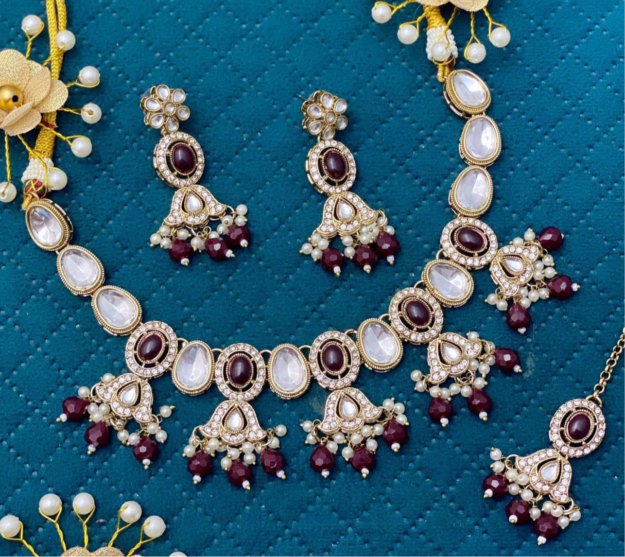 Maroon Kundan Style Necklace Set