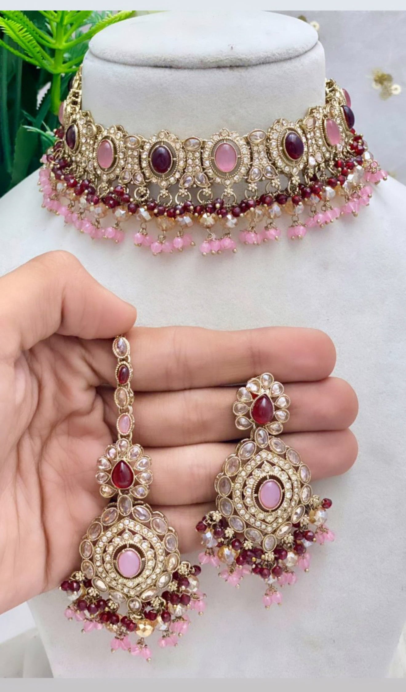 Pink & Maroon Colored Necklace Set