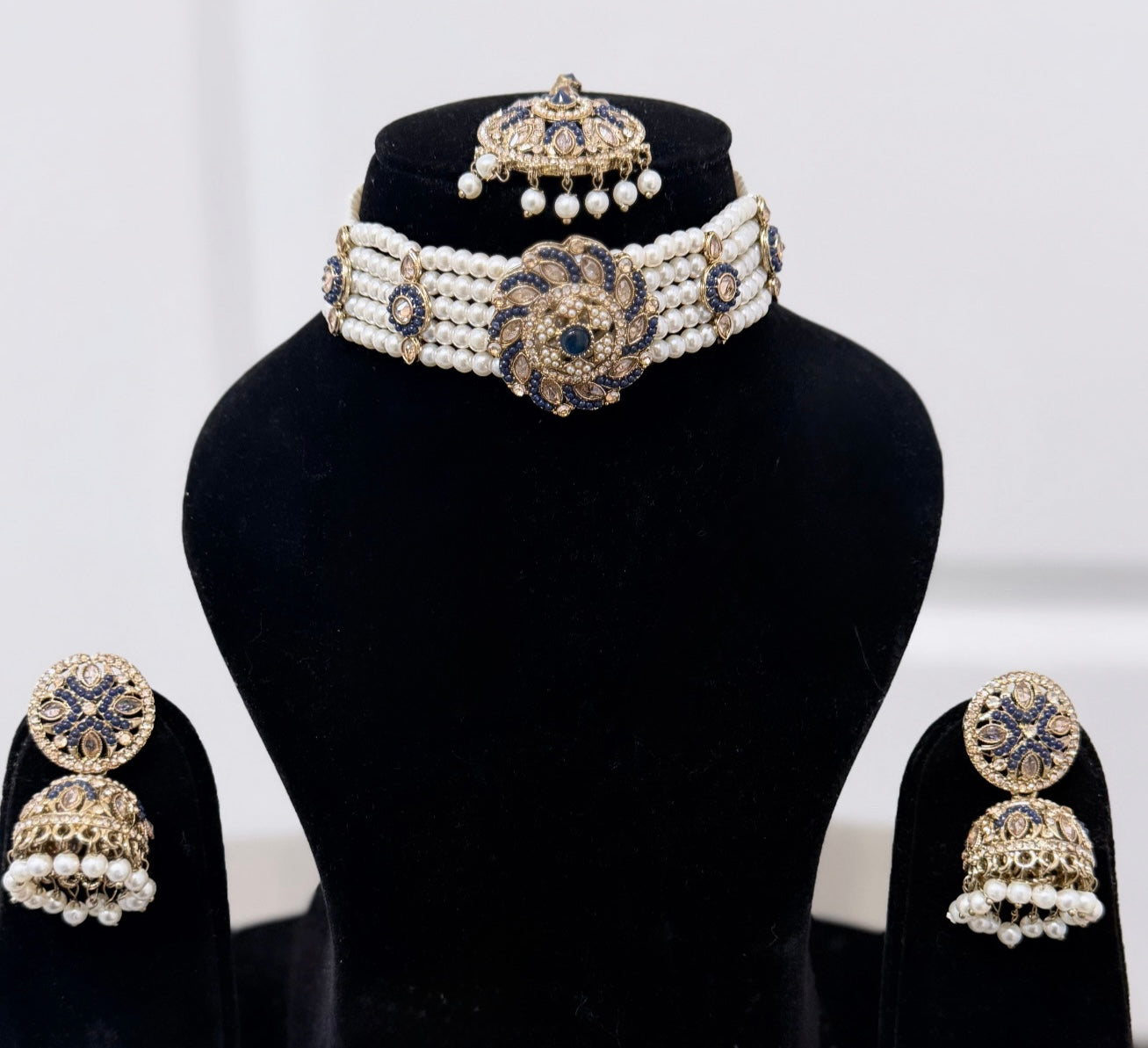 Navy Blue Pearl Choker Set