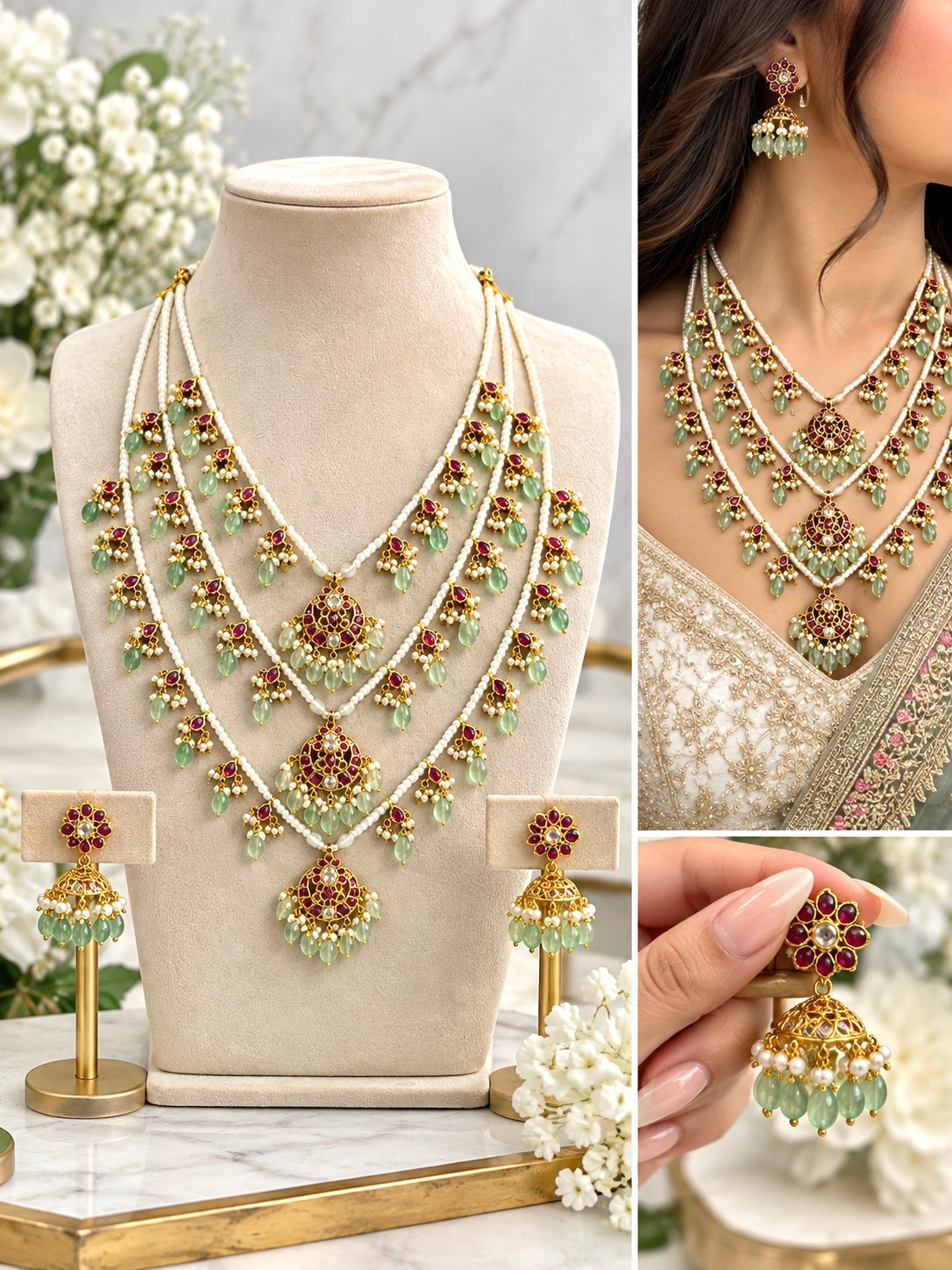 Prachi Triple Layered Long Necklace Set with Jhumkis