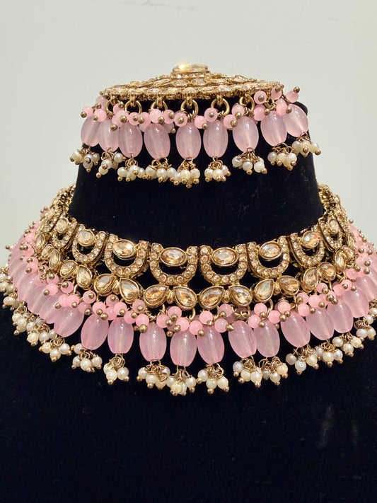 Pink & Golden Color Polki Necklace Set