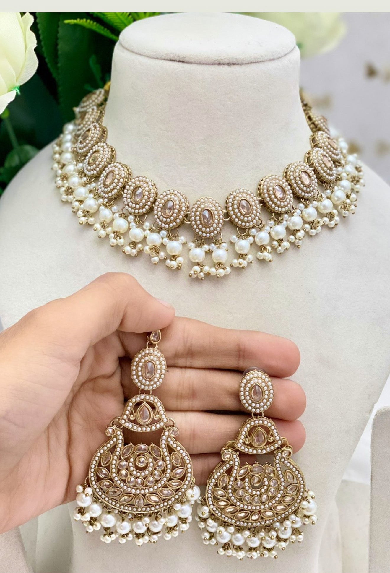 Champagne Gold & Pearl Necklace Set