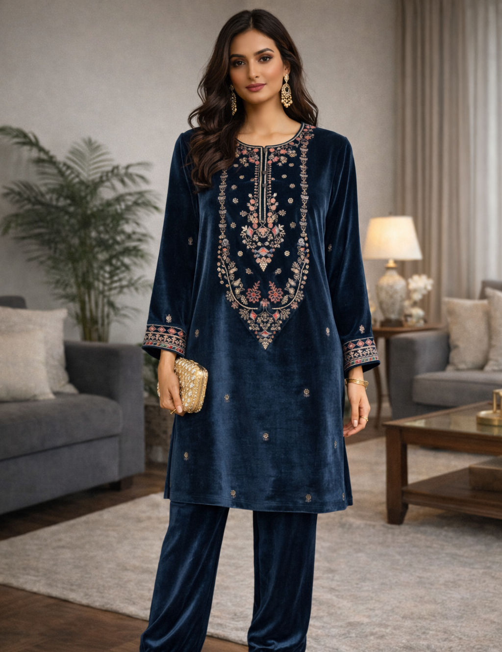 Dark Blue Embroidered Velvet Cord Set