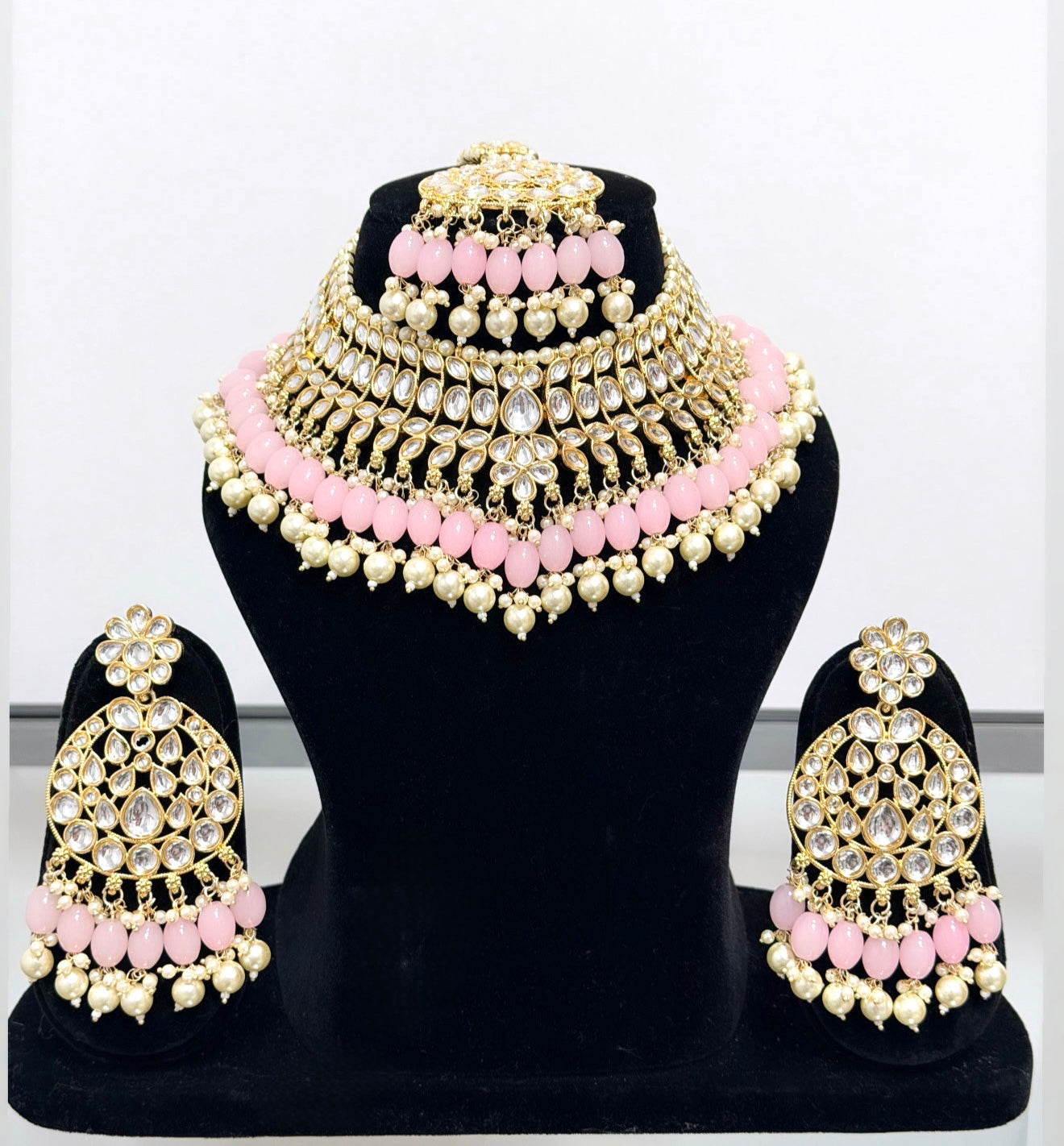 Pink & Golden Polki Style Necklace Set