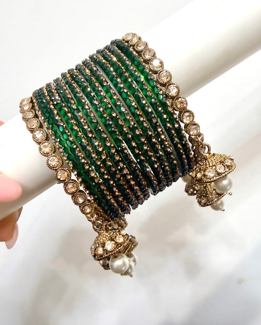 Dark Green Glass Bangles with Pearl Hanging Kade