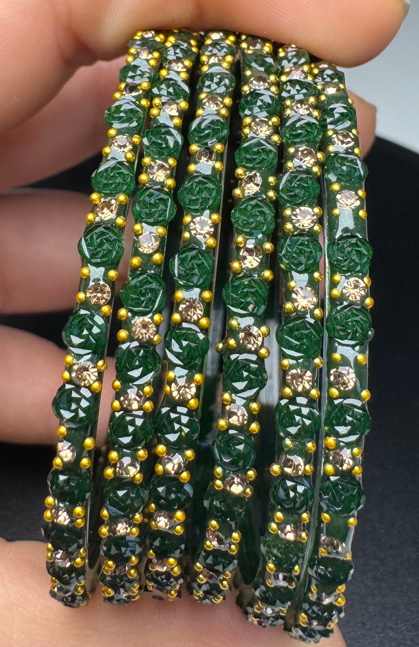 Dark Green Flower Style Glass Bangles Set of 12