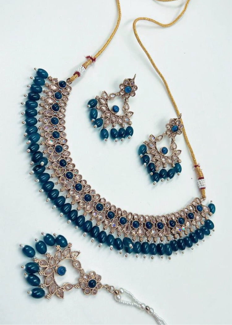 Navy Blue Polki Necklace Set
