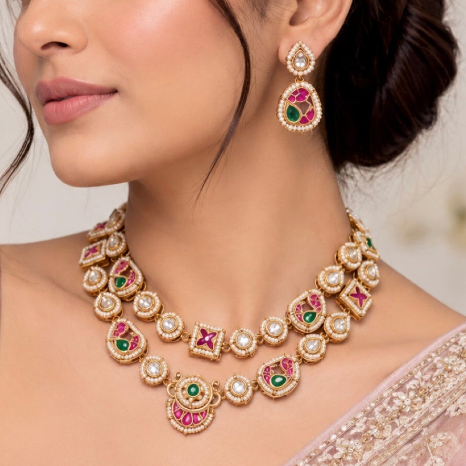 Meena Pachi Kundan Two Layered Necklace Set