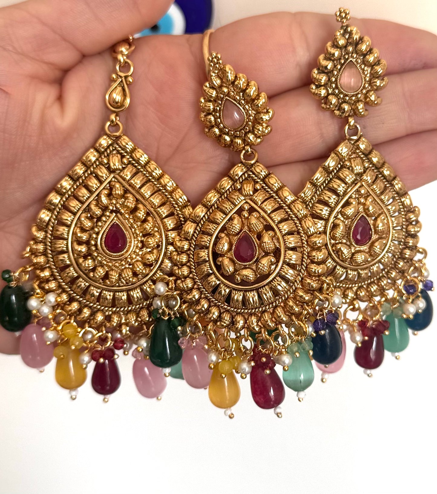 Multi Colored Gold Plated Earrings and Tikka Set