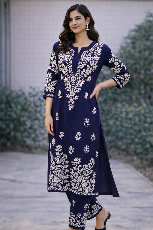 Navy Blue Long Kurti with Pants