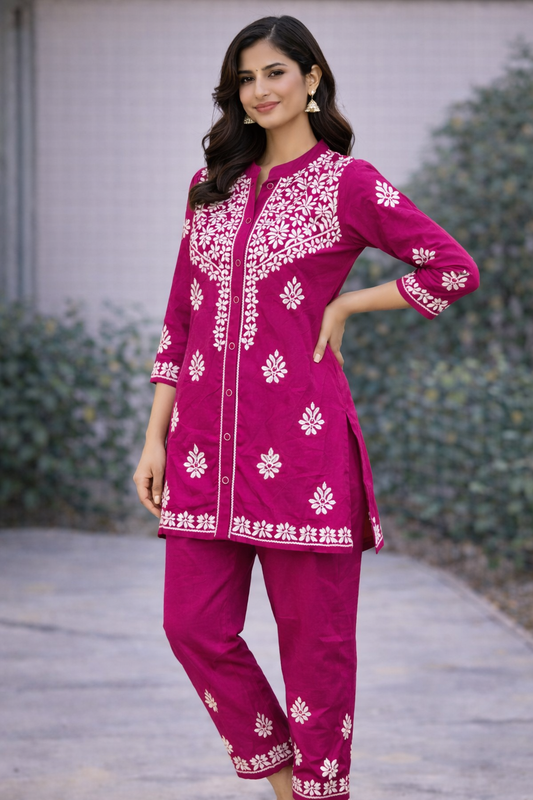 Magenta Short Kurti with Pants Set