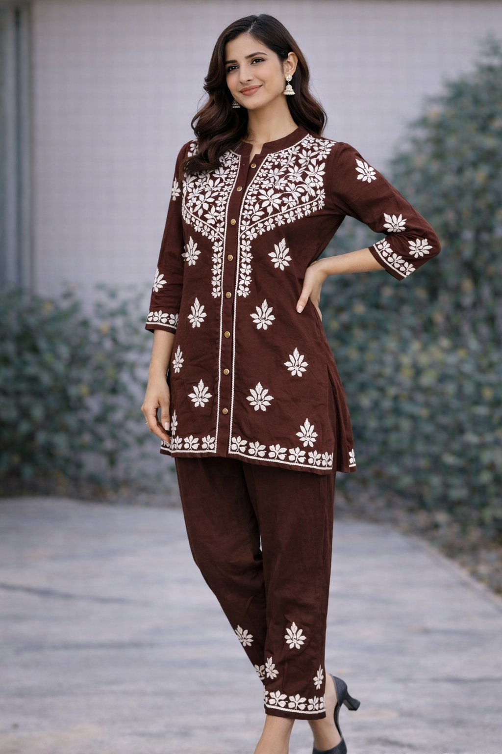 Brown Short Kurti with Pants Set