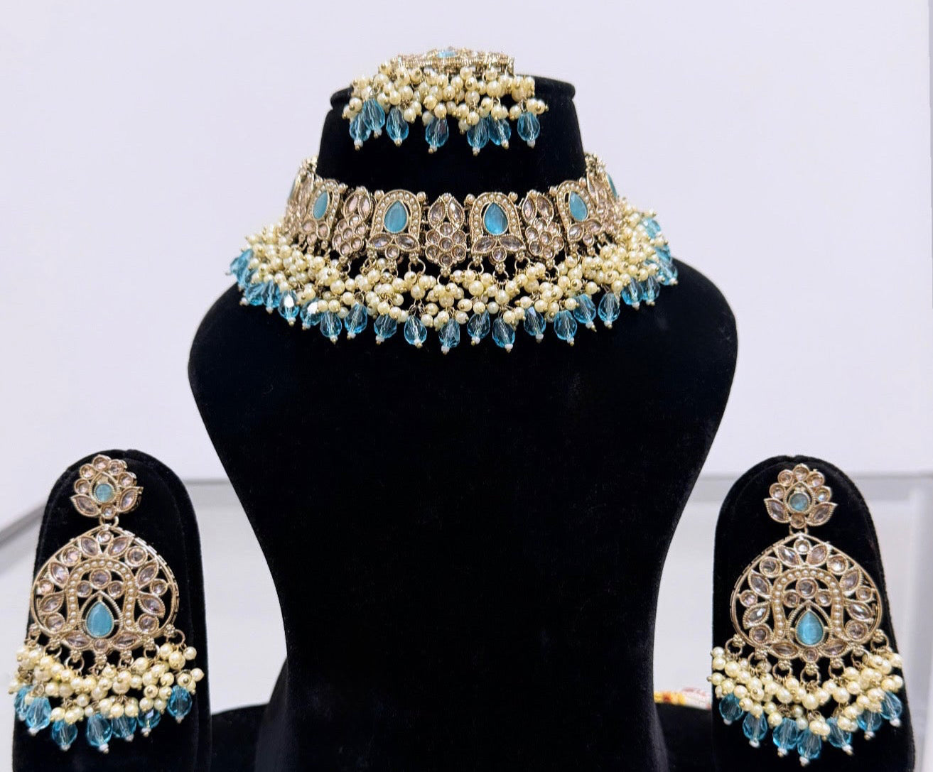 Blue & Golden with Pearls Necklace Set