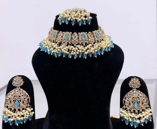Blue & Golden with Pearls Necklace Set