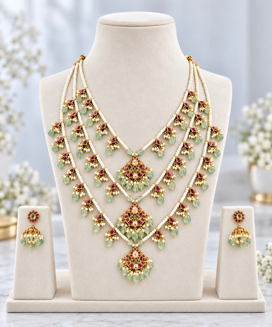 Prachi Triple Layered Long Necklace Set with Jhumkis