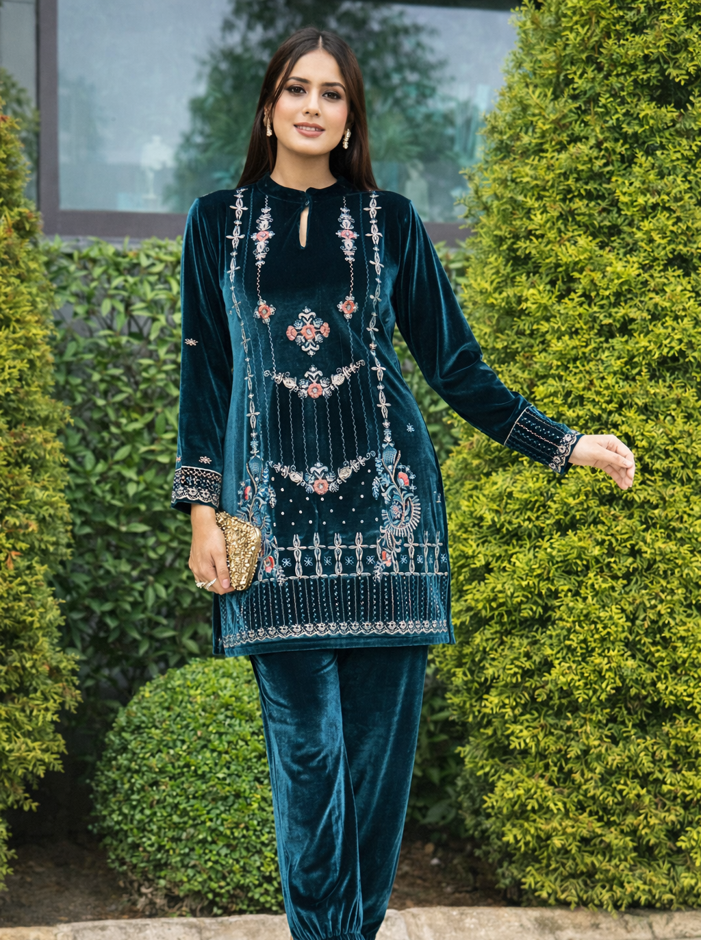 Teal Blue Embroidered Velvet Cord Set