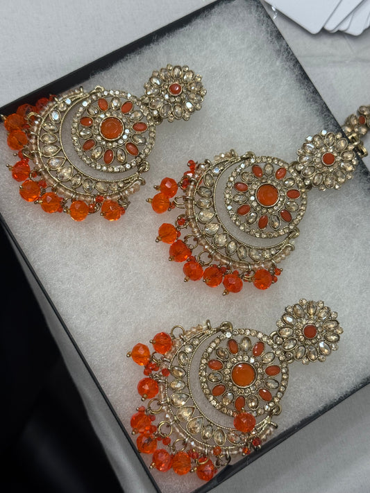 Orange and Gold Earrings and Tikka Set