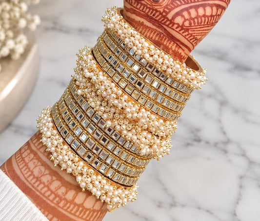 Aashna Kundan Mirror Work Bangle Set with Pearl Bangles Full Set-As Shown in the Picture