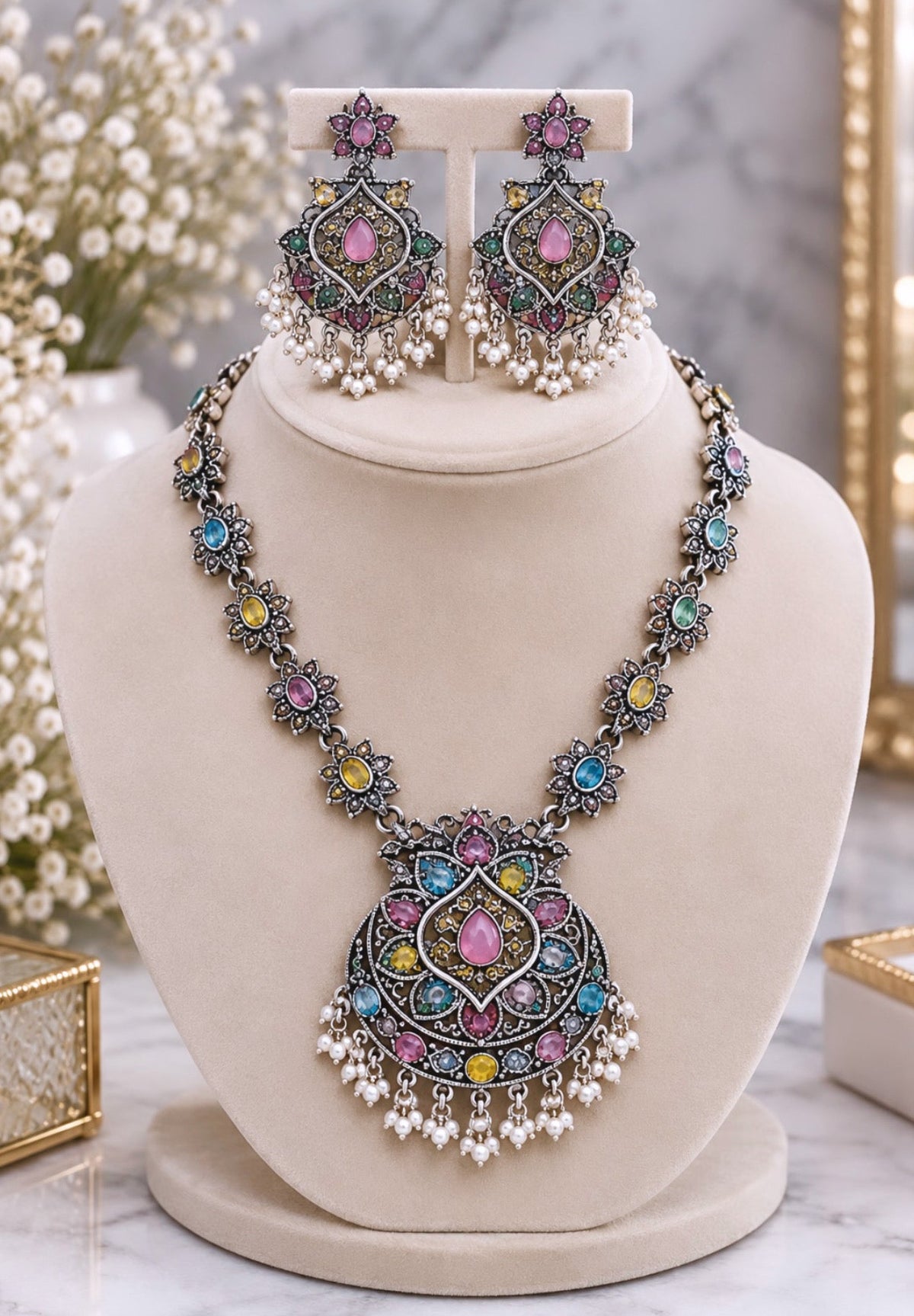 Khushi Multi Colored Long Oxidized Necklace Set