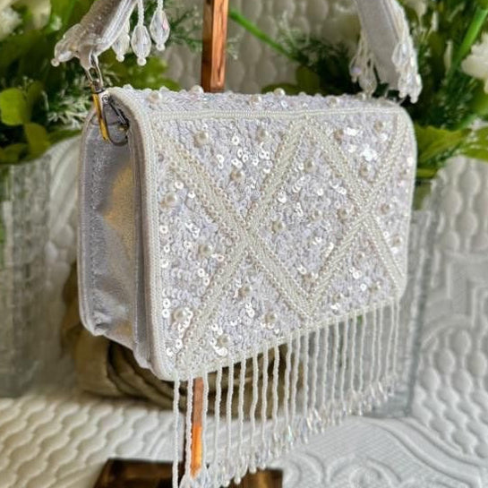 Party Wear White Sequined Purse