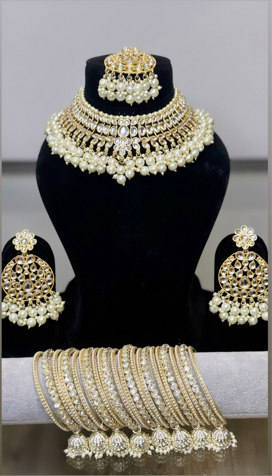 Heavy White Pearls and Gold Necklace Set with Bangles