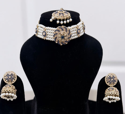 Navy Blue Pearl Choker Set