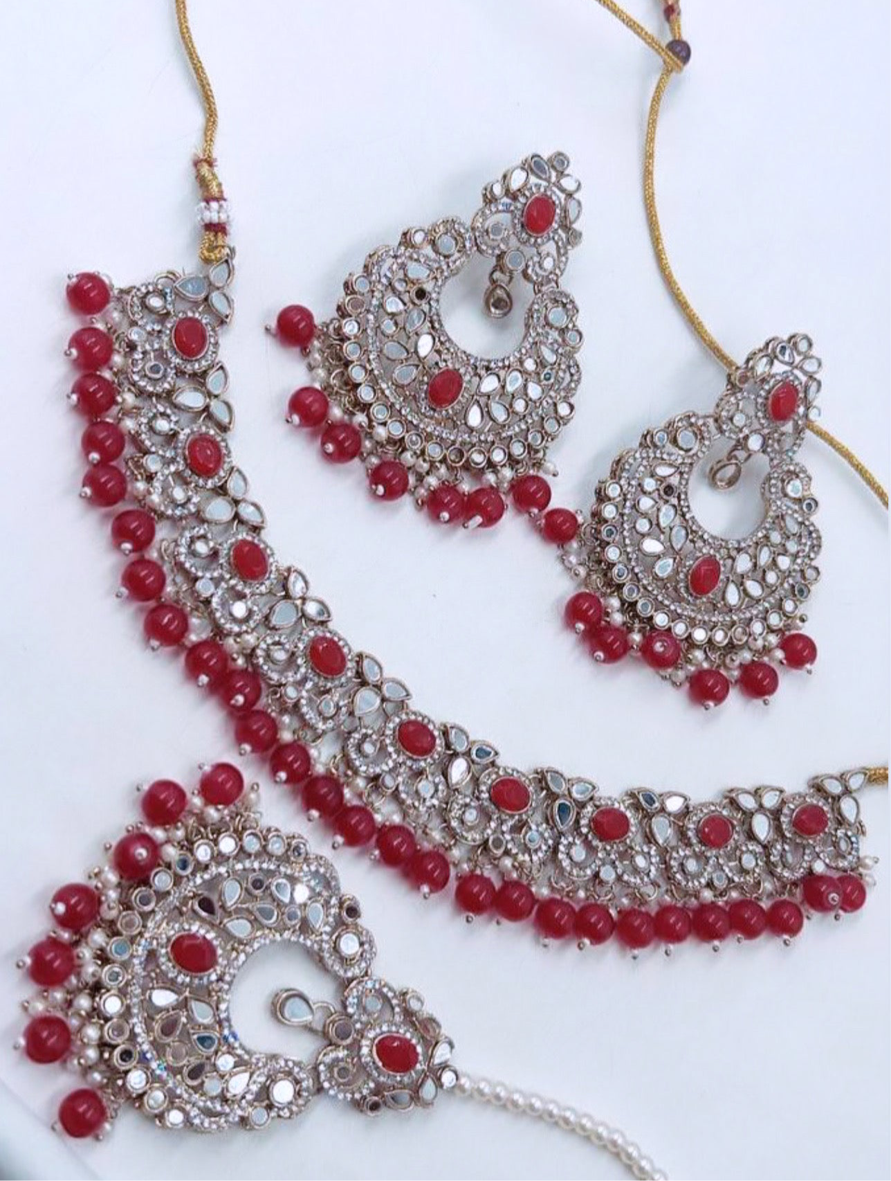 Red Polki with Mirror Work Necklace Set