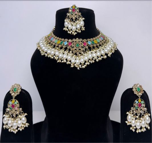 Multi Colored with Pearls Heavy Necklace Set