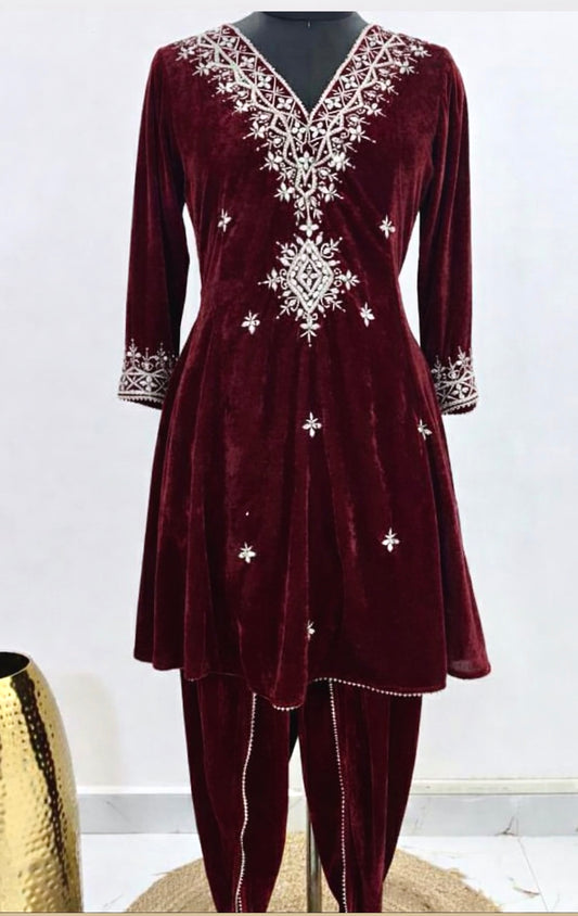 Dhoti Style Embroidered Velvet Cord Set