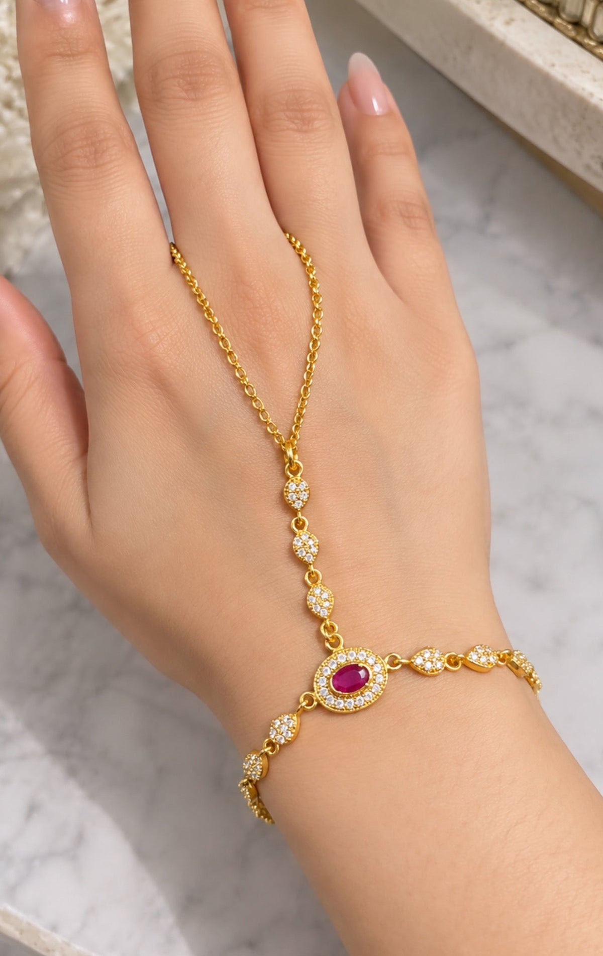 Jannat Ruby Gold Plated Hand Chain-Adjustable