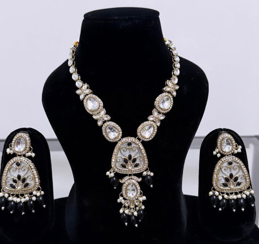Black Color Long Kundan Style Necklace Set
