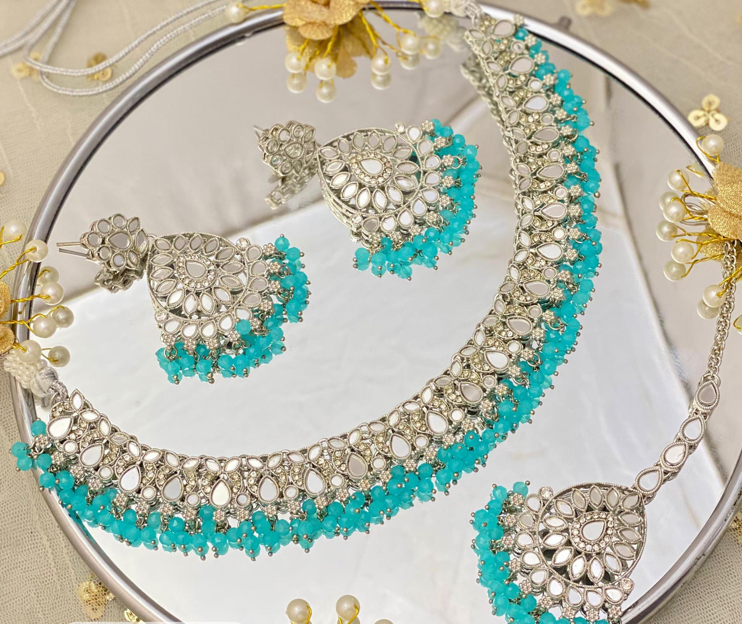 Light Blue with Silver Mirror Necklace Set