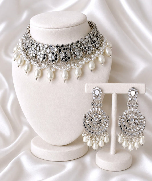 Zia Silver Mirrored Style Necklace Set