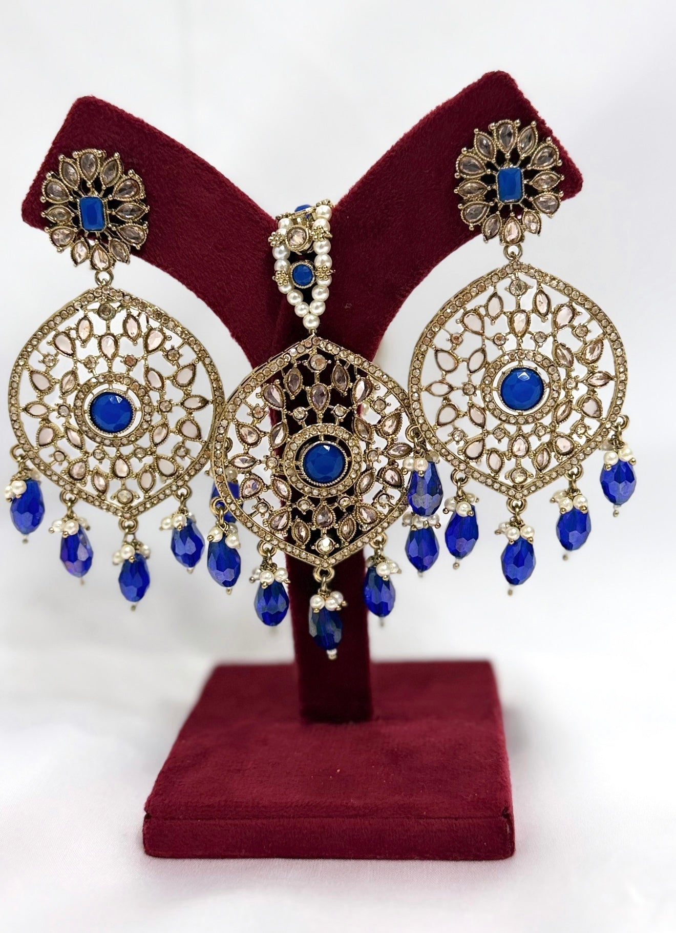 Royal Blue & Golden Earrings & Tikka Set