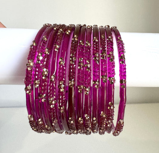 Magenta Pink Colored Glass Bangle Set