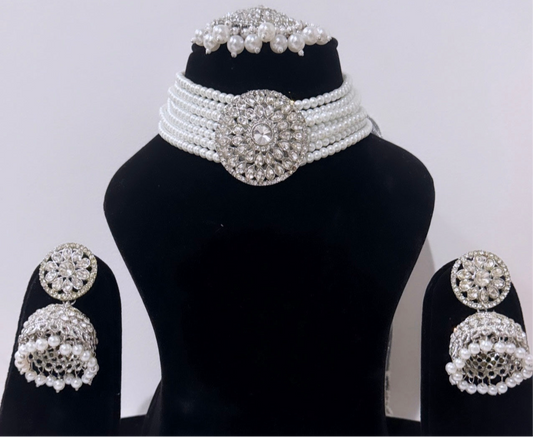 Pearl and Silver Choker Style Necklace Set