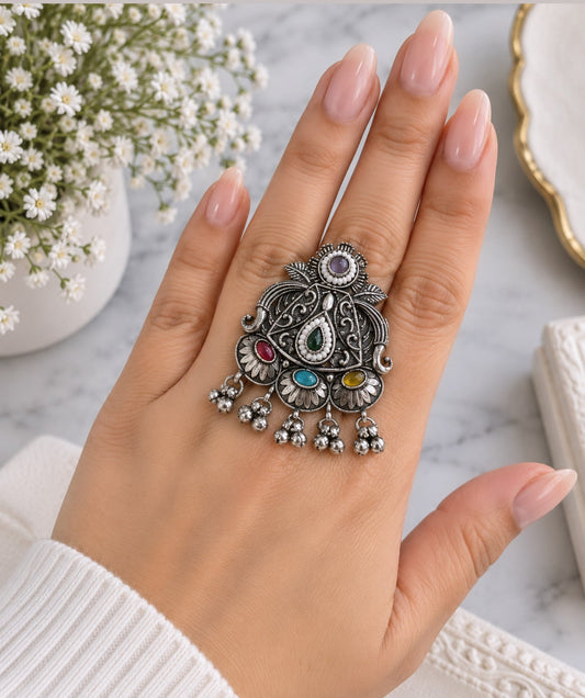 Isabel Oxidized Adjustable Ghungroo Ring