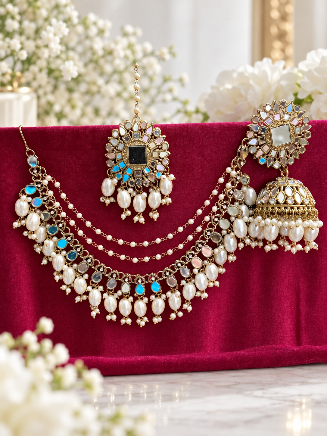 Mirrored Sahara Earrings Set with Tikka