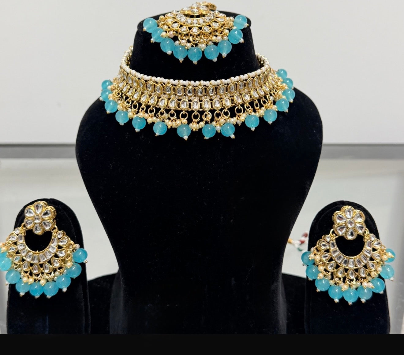 Light Blue & Gold Colored Necklace Set
