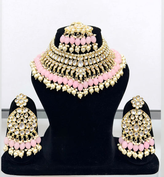 Pink & Golden Polki Style Necklace Set