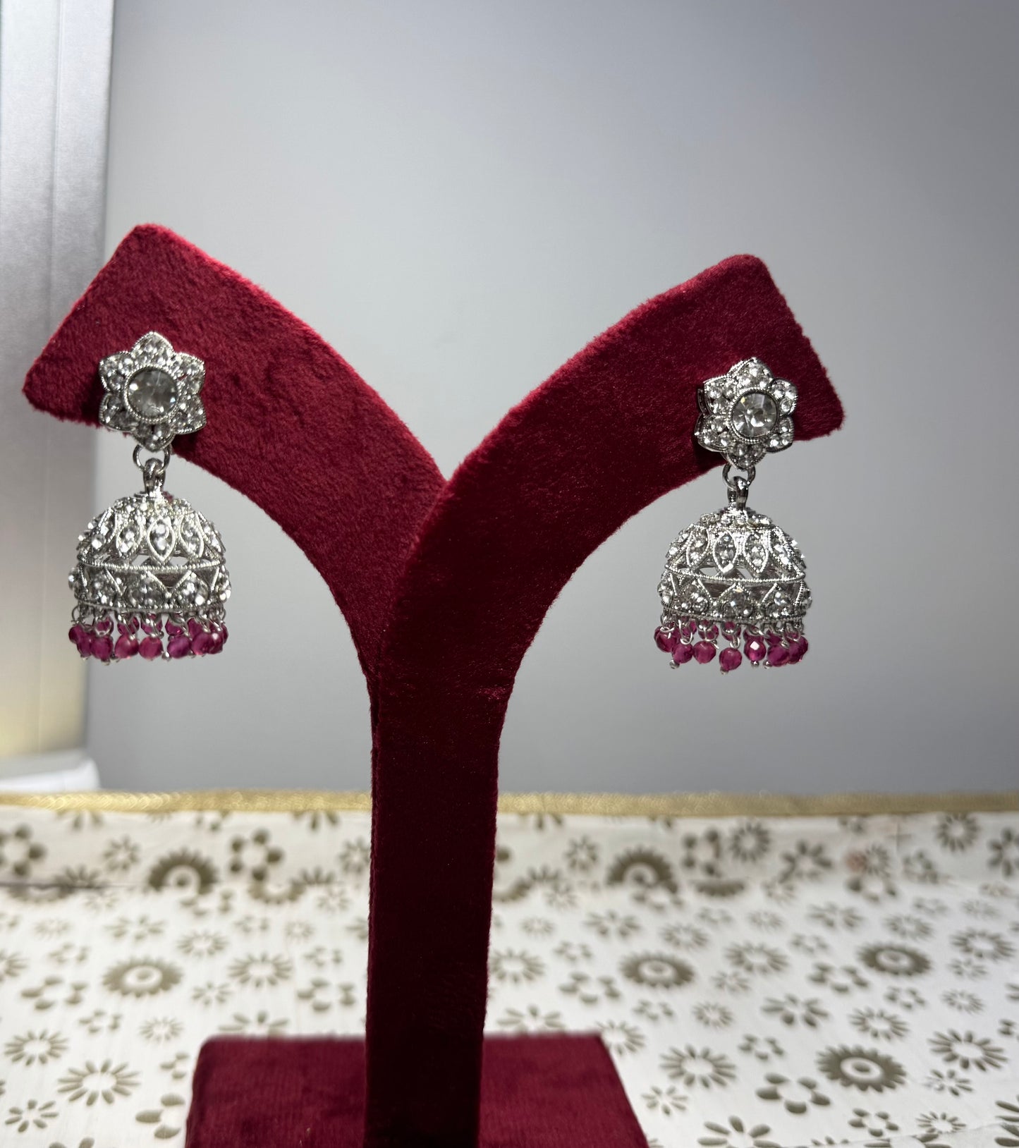 Silver and pink Jhumki Set