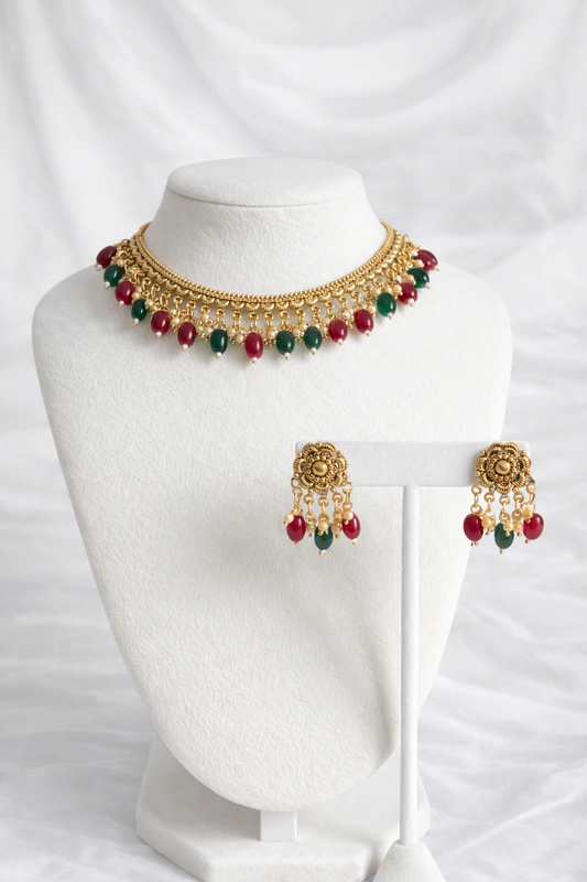 Esha Premium Gold Plated Ruby & Green Necklace Set