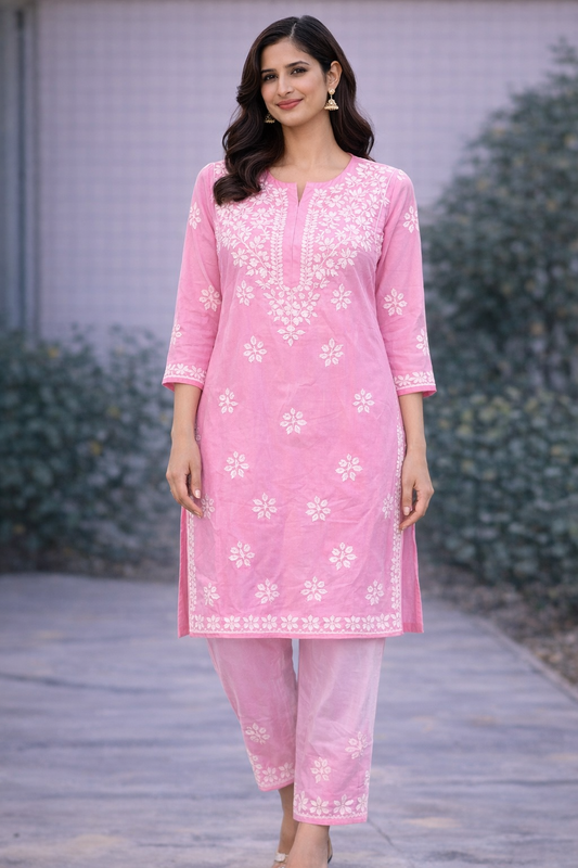 Pink Long Kurti with Pants Set